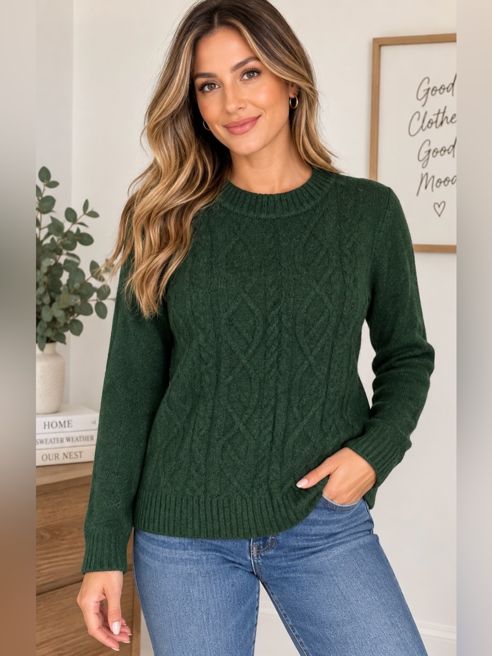 croft & barrow Women’s Dark Green Cable Knit Crewneck Sweater Size L